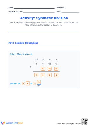 Printable Synthetic Division Worksheet | Grade 10 Math