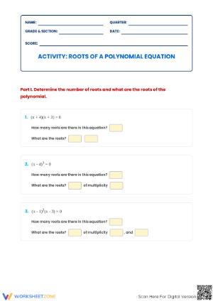 Printable Roots of a Polynomial Equation Worksheet | Grade 9