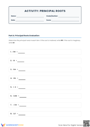 Principal Roots Worksheet | Essential Grade 8 Math Practice