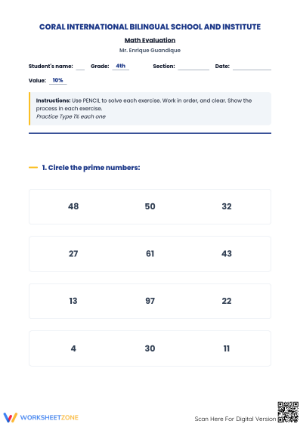 Printable Grade 4 Prime and Composite Numbers Math Quiz