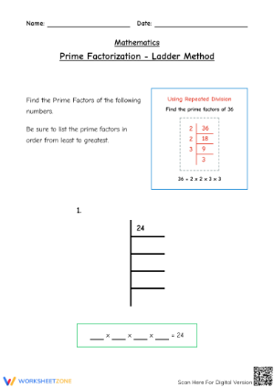 Printable Prime Factorization Ladder Method Worksheet