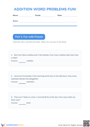 Printable Addition Word Problems Worksheet | Grade 1-2