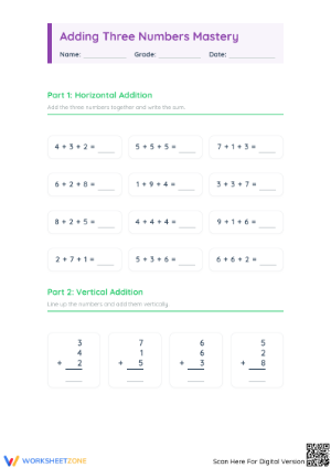 Adding 3 Numbers Mastery Worksheet | Essential Grade 2 Math