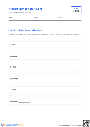 Essential Simplify Radicals Worksheet | Grade 9-12 Math