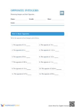 Opposite Integers Worksheet | Grade 6 Printable Math