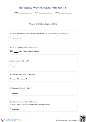 Printable Grade 6 Math Revision Worksheet | PSR Essential