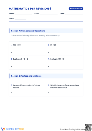 Essential Grade 6 Math Revision | PSR Printable Worksheet