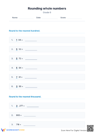Printable Grade 6 Rounding Whole Numbers Practice Worksheet