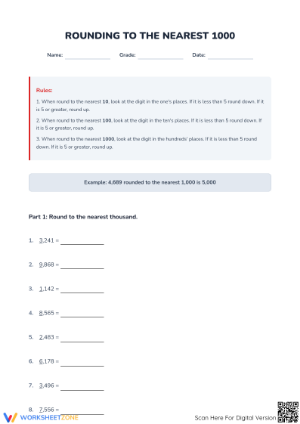 Printable Grade 4 Rounding to the Nearest 1000 Worksheet