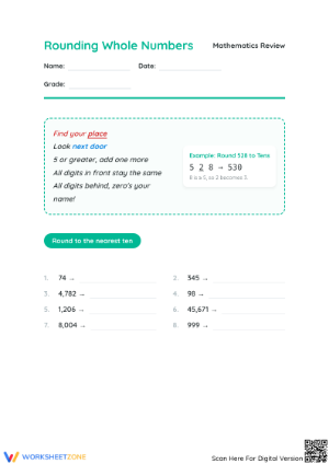 Rounding Worksheet: Ten, Hundred, Thousand | Printable