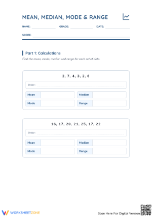 Mean, Median, Mode, Range Printable Worksheet | Grade 6-8