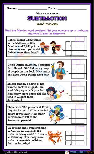 Subtraction Word Problems Worksheet with Visuals 