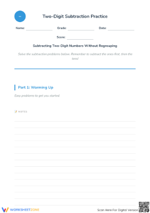 Essential 2-Digit Subtraction Without Regrouping Worksheet