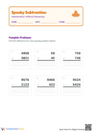 Printable Spooky Subtraction Without Renaming | Grades 2-3