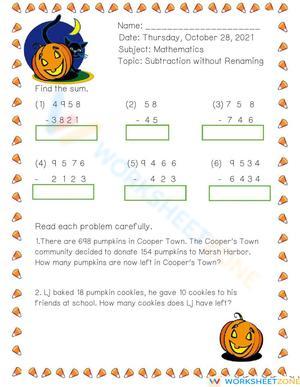 Subtraction Without Renaming - Fun Pumpkin Math