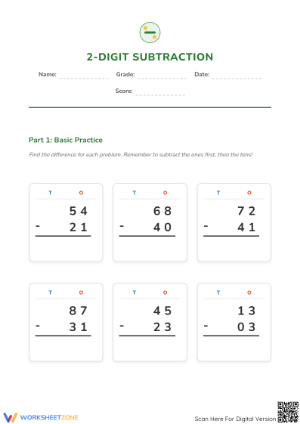 Printable Grade 1 2-Digit Subtraction Worksheet