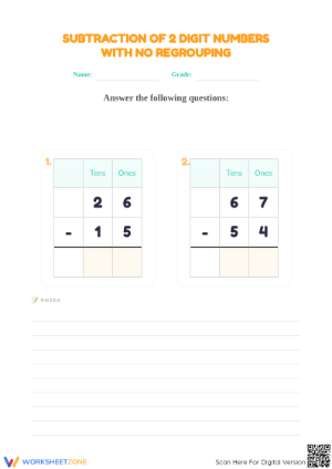 Printable 2-Digit Subtraction No Regrouping Worksheet
