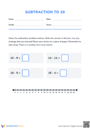 Printable Subtraction to 20 Worksheet | Grade 1 Math