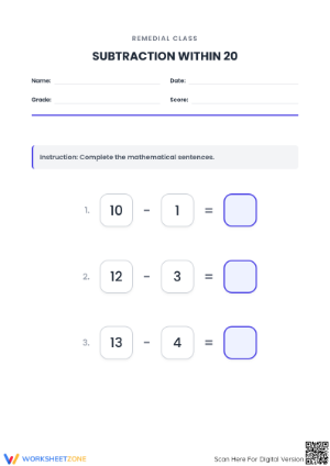 Essential Subtraction within 20 Worksheet | Grade 2 Math