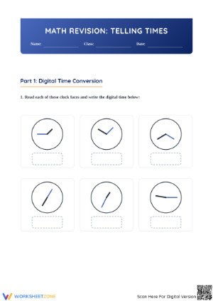 Printable Telling Time Revision Worksheet | Grade 2-3