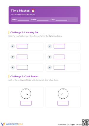 Time to the Hour and Half Past Printable Worksheet | Grade 1