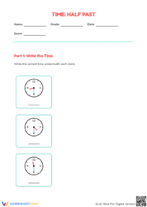 Half Past Time Worksheet | Printable Grade 1 Math