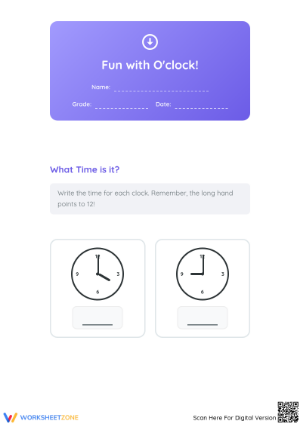 Printable O'clock Time Worksheet | Grade 1 & 2 Aligned