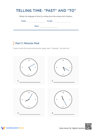 Printable Telling Time Worksheet: Past and To | Grade 3 Math