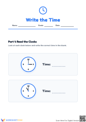 Printable Telling Time to the Hour Worksheet — Grades 1-3