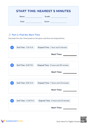 Printable Elapsed Time: Find the Start Time Grade 3-5