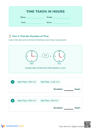 Printable Time Taken in Hours Worksheet | Grade 3-5