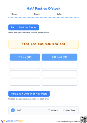 Printable Grade 1 Time Worksheet | Half Past vs O'clock