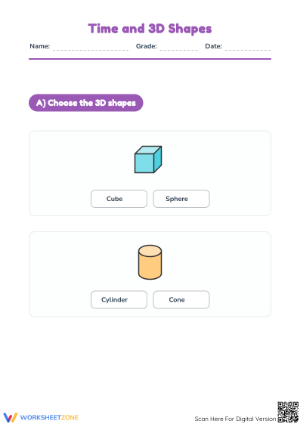 Printable Time and 3D Shapes Worksheet | Grades 1-3
