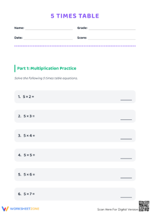 5 Times Table Multiplication Practice Worksheet | Printable