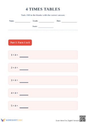 4 Times Table Worksheet | Grade 3 Math Printable
