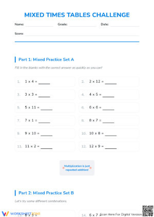 Mixed Times Tables 3 Worksheet | Printable Math Challenge