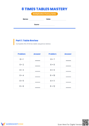 Essential 8 Times Tables Mastery Worksheet | Grade 3 Math