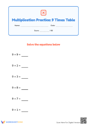 Grade 3 9 Times Tables — Printable No-Prep Worksheet