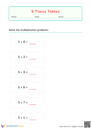 Printable 5 Times Tables Worksheet | Grade 3 Multiplication