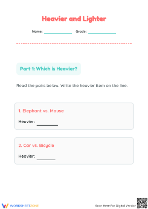 Printable Heavier and Lighter Worksheet | Kindergarten Math