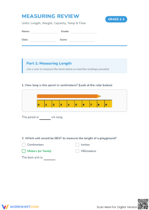 Essential Measuring Review Worksheet | Grade 2-3 Math