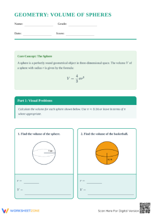 Printable Volume of Spheres Worksheet | Grade 8 Math