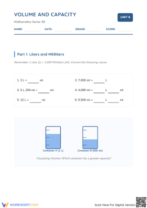 Printable Grade 4 Volume and Capacity Math Worksheet