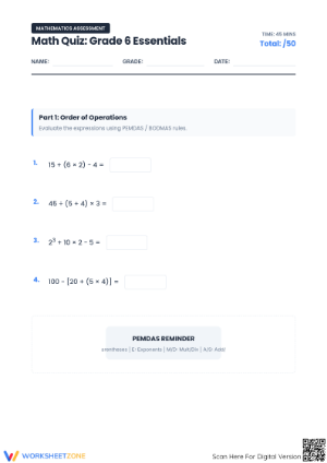 Printable Grade 6 Math Essentials Quiz | 30-Problem Set