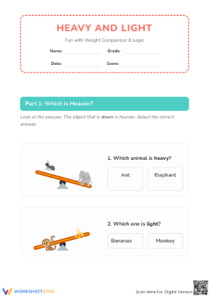 Essential Heavy and Light Comparison Worksheet | Grades K-2
