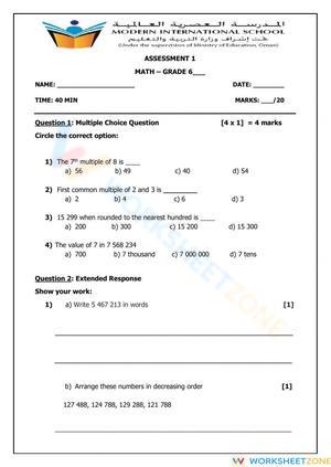 Grade 6 Assessment 1 Worksheet