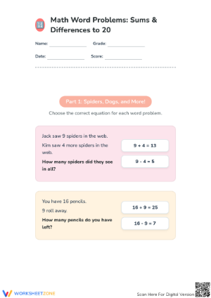 Printable Grade 1 Word Problems within 20 Math Worksheet