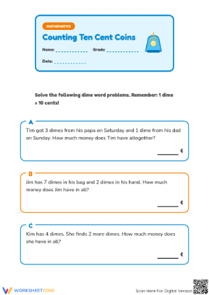 Printable Counting Ten Cent Coins Worksheet | Grade 1 Math