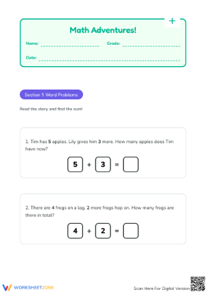 Printable Addition Word Problems & Number Sequences Grade 1