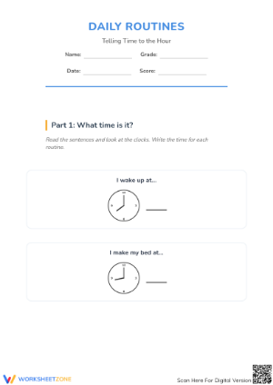 Telling Time to the Hour Worksheet | Grade 1 Printable